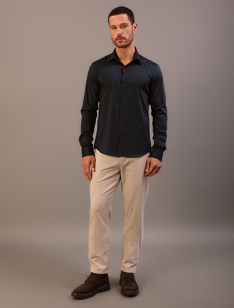 Camisa Masculina Manga Longa Slim Básica - Marinho
